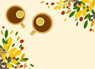 Autumn illustration with a couple of cups of tea with lemon and many different fall foliage and berry around.