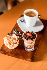 Delicious Dessert Cafe Gourmand Close Up Restaurant On a Wooden Table Coffee High Res