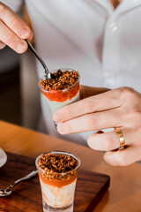 Delicious Dessert Cafe Gourmand Close Up Restaurant On a Wooden Table Coffee High Res