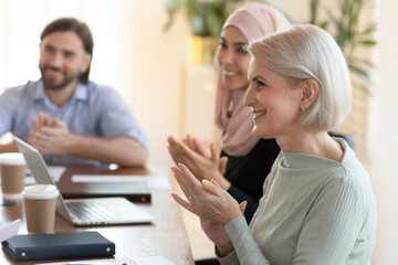 Smiling diverse employees audience sitting at table, middle aged businesswoman clapping hands,...
