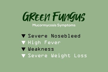 Green Fungus mucormycosis disease symptoms infographics - vector illustration. Healthcare awareness concept. Medical typography background.