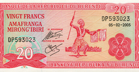 African paper money banknote bill of Burundi 20 francs, circa 2005