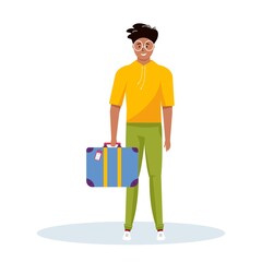 Man holding luggage for adventure tourism, travel. Journey decorative design with suitcase, baggage for traveler. Flat cartoon trendy vector.