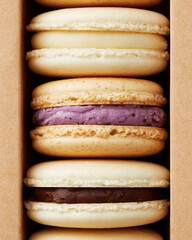 A close up stack of french macarons in three flavors