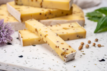 Cheese collection, matured cow cheese with mustard seeds from Belgium