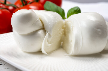 South Italian soft white mozzarella cheese made from buffalo cows milk served with ripe tomatoes and fresh green basil herb