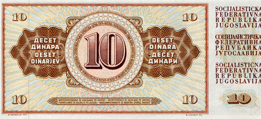 paper money banknote bill of Yugoslavia 10 dinara, circa 1968