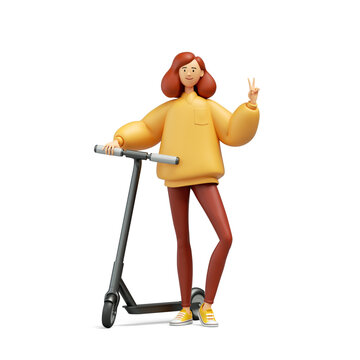 3d render, cute cartoon character redhead young woman stands near the electric scooter. Modern urban transport clip art isolated on white background