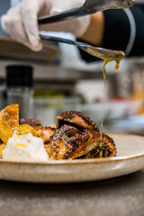 Chef Preparing Plate Dish Menu Restaurant Meat Steak Shrimp Octopus Details Close Up