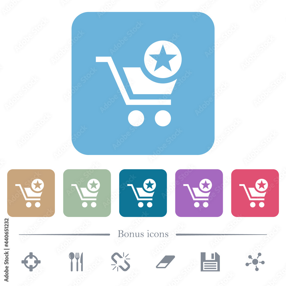 Poster mark cart item flat icons on color rounded square backgrounds