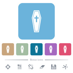 Coffin flat icons on color rounded square backgrounds