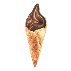 Chocolate ice cream in a waffle cone; watercolor illustration on white isolated background. 