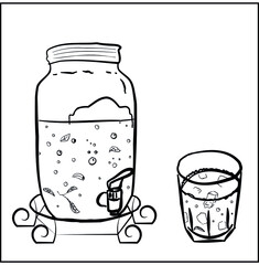 jug for lemonade. jar with a tap. summer. cool drinks. glass with fruit drink. mint, lemon. hand line. black and white sketch. vector eps 10. print.