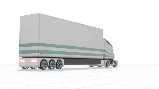 Futuristic autonomous truck isolated on white background - 3D 4k animation (3840x2160 px).