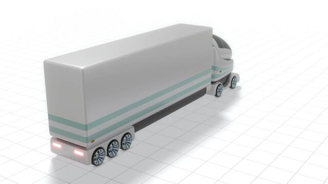 Futuristic autonomous truck isolated on white background - 3D 4k animation (3840x2160 px).