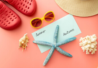 summer background of crocs, coral, starfish, straw hat, shells, sunglasses, envelope with the...