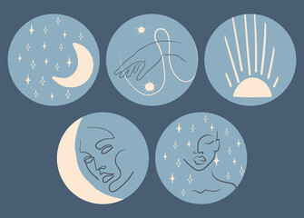 Set of various vector highlight covers. Abstract backgrounds. Various shapes, lines, doodle objects. Hand drawn templates. Round icons for social media stories. Blue icons, night theme with woman face