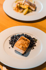 Perfect Delicious Dish Menu Steak Tuna Fish Bacon Risotto Chicken Salad Chef Made Detail Food Gourmet On a Wooden Table