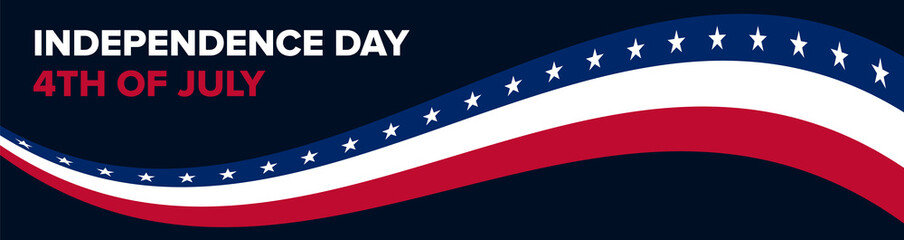 Independence Day 4th of July Banner Template with Stars and Stripes Ribbon Wave and Text on Dark Blue Background. Banner Design Template with American Flag Colours for 4th of July Celebrations