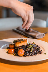 Perfect Delicious Dish Menu Steak Tuna Fish Bacon Risotto Chicken Salad Chef Made Detail Food Gourmet On a Wooden Table