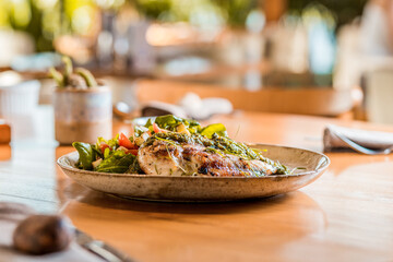 Perfect Delicious Dish Menu Steak Tuna Fish Bacon Risotto Chicken Salad Chef Made Detail Food Gourmet On a Wooden Table