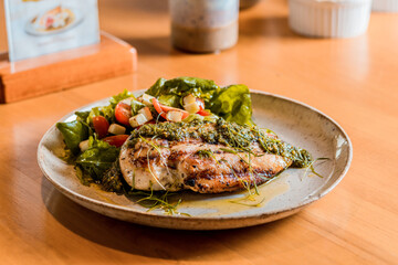 Perfect Delicious Dish Menu Steak Tuna Fish Bacon Risotto Chicken Salad Chef Made Detail Food Gourmet On a Wooden Table