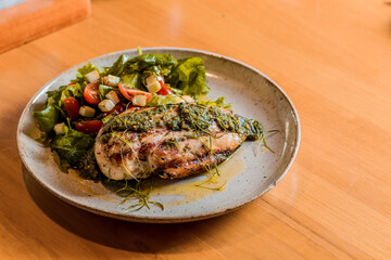 Perfect Delicious Dish Menu Steak Tuna Fish Bacon Risotto Chicken Salad Chef Made Detail Food Gourmet On a Wooden Table