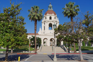 Fototapeta na wymiar This image shows a view from a street of the landmark Pasadena City Hall building. Pasadena is located in Los Angeles County in Southern California.