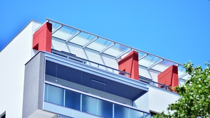 Modern apartment building in sunny day. Exterior, residential house facade.
