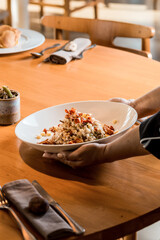 Perfect Delicious Dish Menu Steak Tuna Fish Bacon Risotto Chicken Salad Chef Made Detail Food Gourmet On a Wooden Table