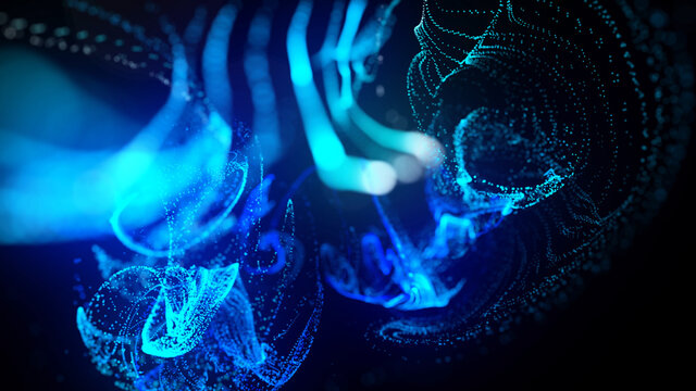 3d render. Injection of fluorescent ink in water isolated on black background. Glow particles or sparks like shiny magic spell. Fantastic background for festive event. Blue shades