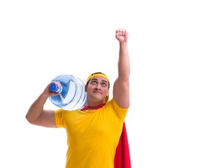 Man delivering water bottle isolated on white