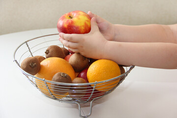 hand holding a basket of fruits