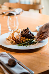 Perfect Delicious Dish Menu Steak Tuna Fish Bacon Risotto Chicken Salad Chef Made Detail Food Gourmet On a Wooden Table