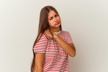 Young caucasian woman isolated on white background massaging elbow, suffering after a bad movement.