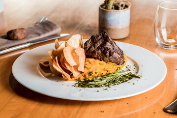 Perfect Delicious Dish Menu Steak Tuna Fish Bacon Risotto Chicken Salad Chef Made Detail Food Gourmet On a Wooden Table