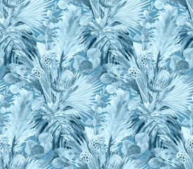 blue watercolor seamless pattern of dried flowers with protea and monstera flower and pampas for textiles and wallpaper as well as packaging design