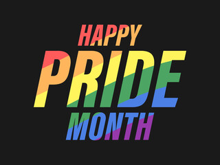 Pride month text with rainbow flag. LGBT Pride June. Tolerance and love. Festival of sexual minorities, gays and lesbians, transgender people. Design for banner and  poster. Vector illustration