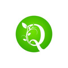 Letter Q Health SPA Logo. Green Floral Alphabet Logo with Leaves. Usable for Business, Fashion, Cosmetics, Spa, Science, Healthcare, Medical and Nature Logos.