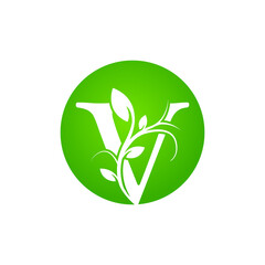 Letter V Health SPA Logo. Green Floral Alphabet Logo with Leaves. Usable for Business, Fashion, Cosmetics, Spa, Science, Healthcare, Medical and Nature Logos.