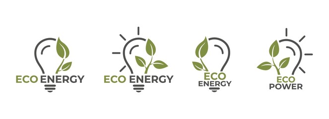 eco energy logo icon set. eco friendly technology. sustainable and renewable energy symbol. light bulb and leaf