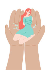 Beautiful woman sitting on knees, hugging yourself. Huge hands support her. Concept of psychologist help for young depressed woman. Vector flat illustration of mental health problem. Inner support