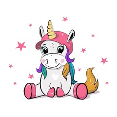 Funny little unicorn in pink color with stars.