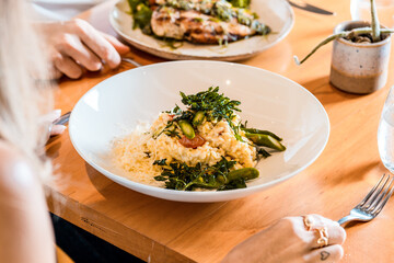 Perfect Delicious Dish Menu Steak Tuna Fish Bacon Risotto Chicken Salad Chef Made Detail Food Gourmet On a Wooden Table