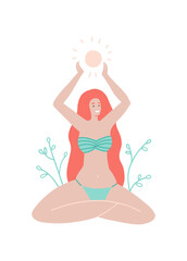 Summer greeting card. A long hair girl in a swimsuit sits in the lotus position and holds a sum in her arms. Vector stock flat illustration in flat boho style.