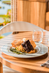 Perfect Delicious Dish Menu Steak Tuna Fish Bacon Risotto Chicken Salad Chef Made Detail Food Gourmet On a Wooden Table