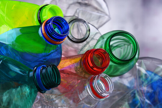 Empty colored carbonated drink bottles. Plastic waste