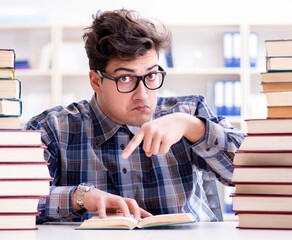 Nerd funny student preparing for university exams