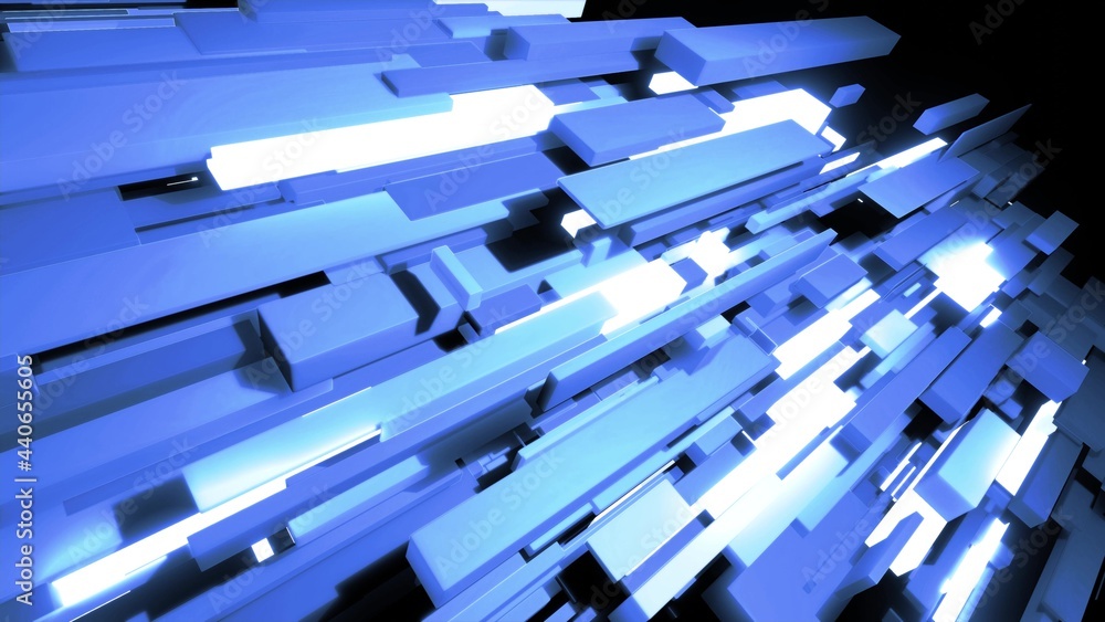 Poster 3d render. abstract background with blue cubes or blocks grid in air and neon lights. blocks like ne