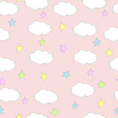 Cute colorful cloud smiling face seamless pattern background with yellow star glow, white repeating v
